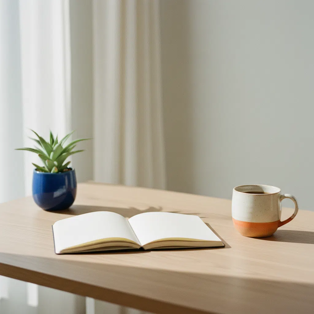 A tidy workspace with a notebook, potted plant and morning coffee on a pale wooden desk