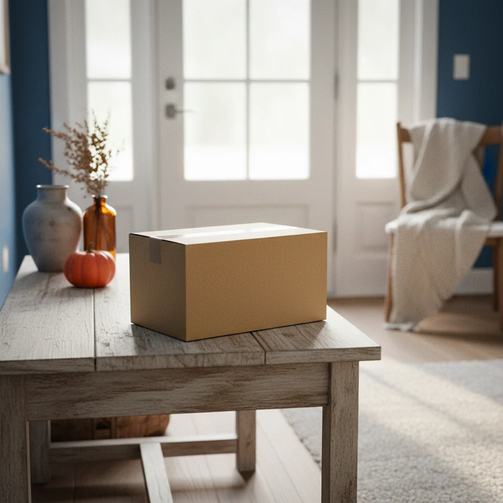 A neat plain kraft parcel box on a doorstep table in natural light