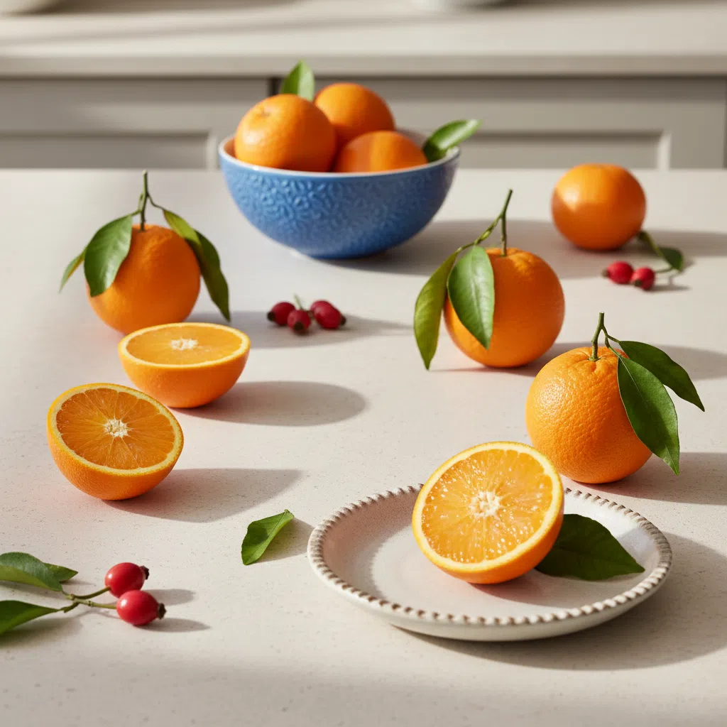Fresh oranges and lemons arranged on a light stone surface with green leaves