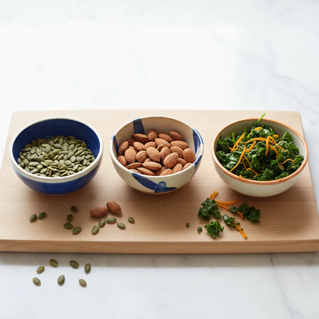 Small bowls of mixed seeds, nuts and dark leafy greens on a wooden board