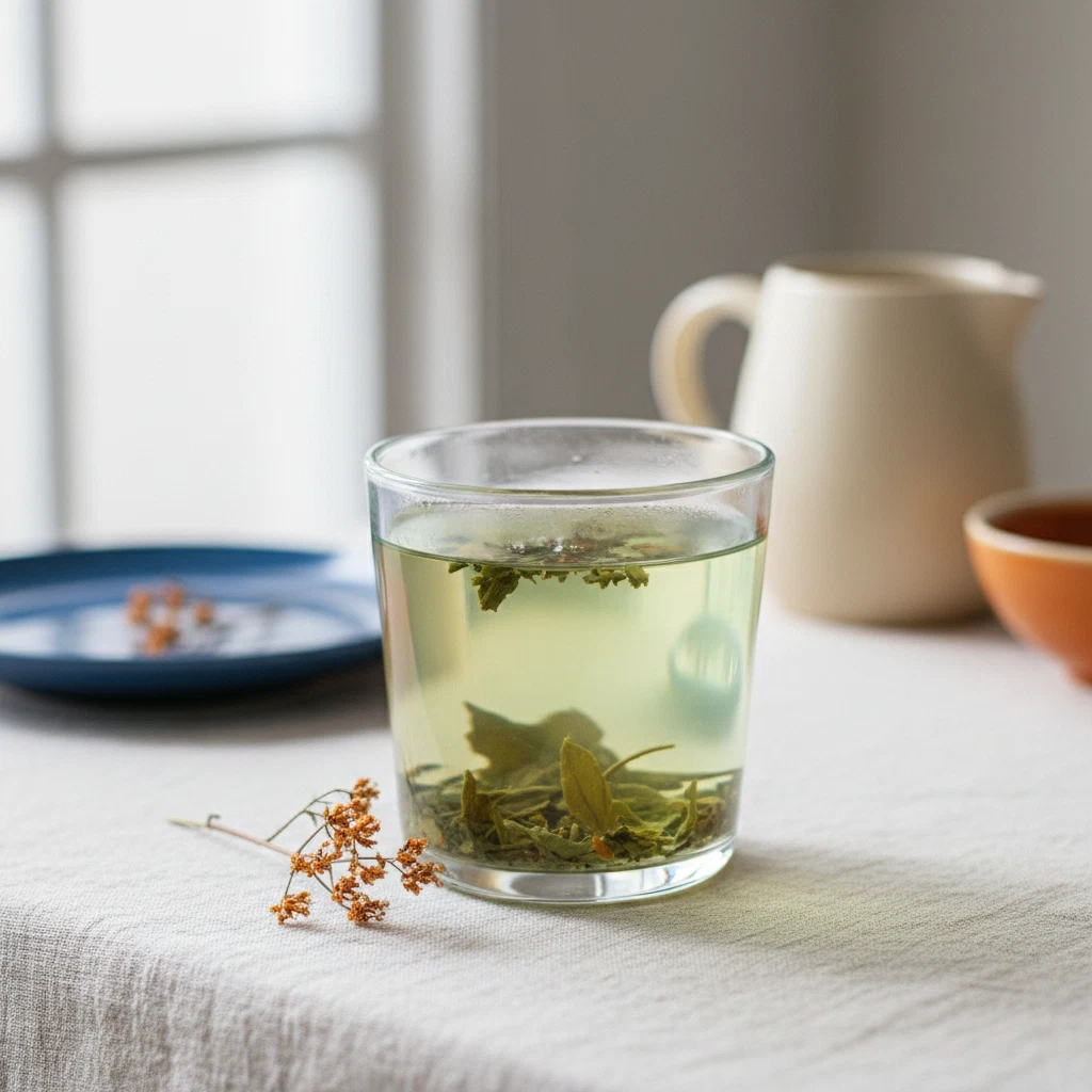 A glass cup of green tea with fresh tea leaves beside it on a pale surface