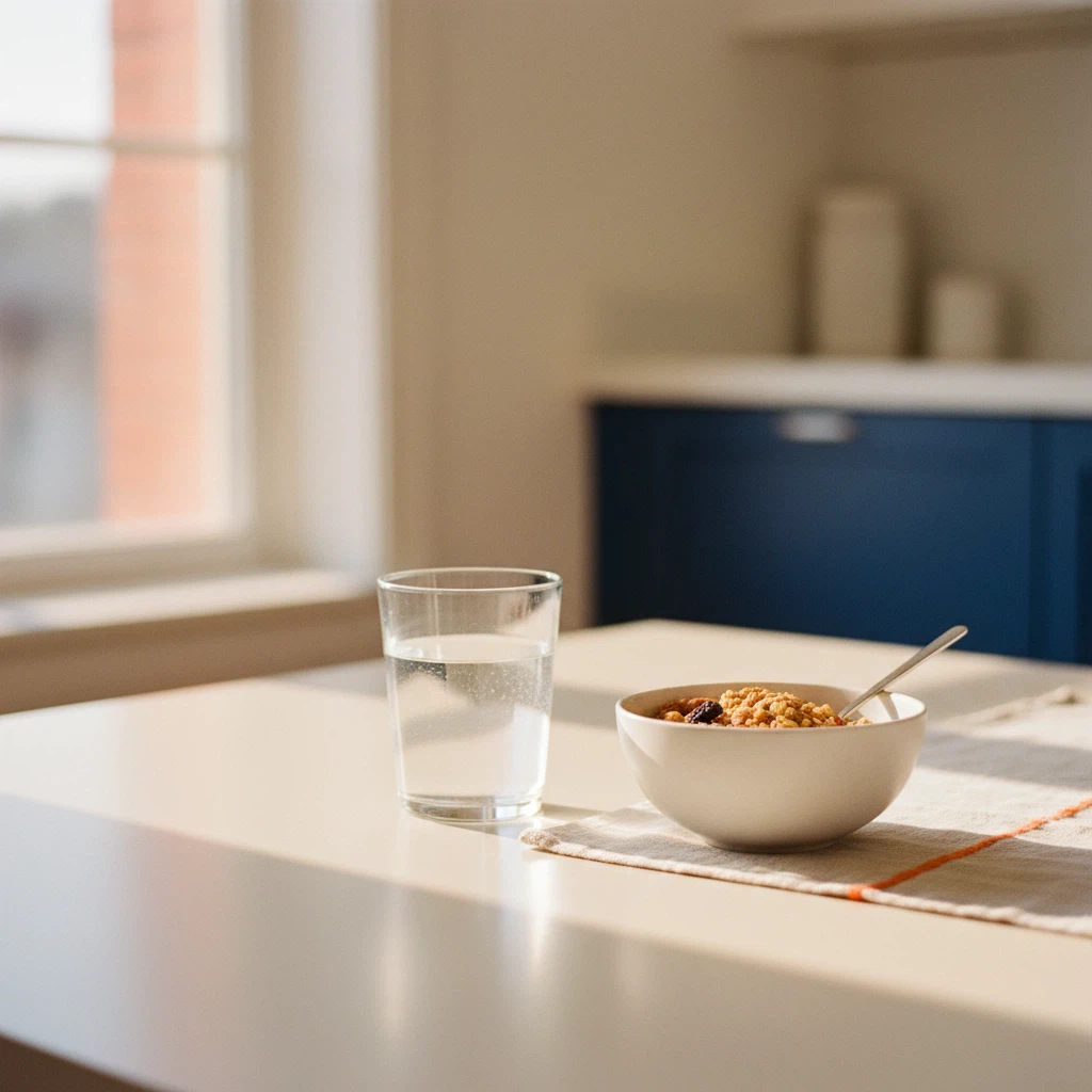 A glass of water and a simple breakfast on a bright kitchen table in soft morning light