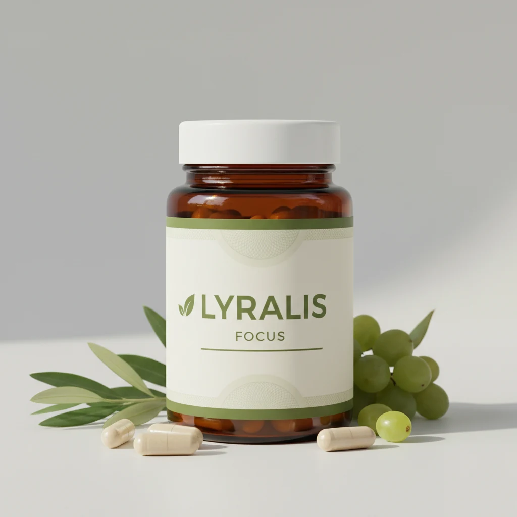 Lyralis Focus amber glass supplement jar with black lid, 90 capsules